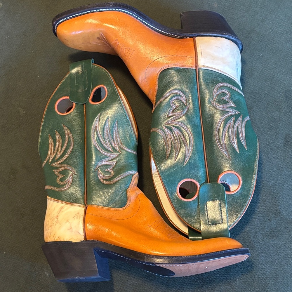Olathe Boot Co Style 2170 Green & Tan Leather Western Cowboy Boots 8.5D